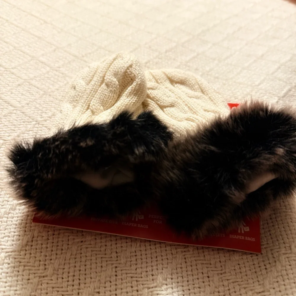 NWT Magnificent Baby Cream Mittens with Brown Fur Trim